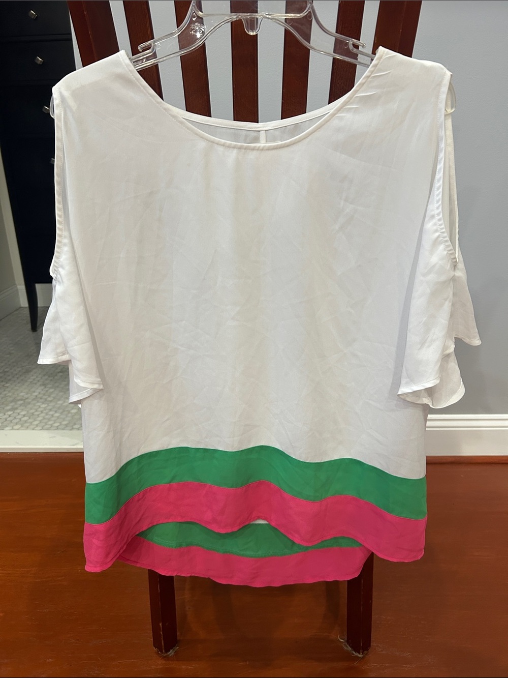 Women’s White Cold-Shoulder Top with Green and Pink Stripe Trim